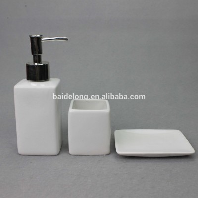 4 Piece White Ceramic Bathroom Set - Pump Soap Dispenser, Tumbler Cup & Soap Dish Tray