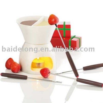 Two Compartments Ivory White Ceramic Porcelain Tealight Candle Cheese Butter Chocolate Fondue Set